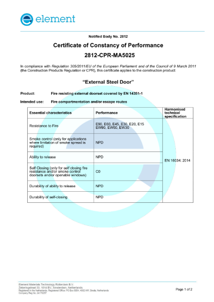CE - Certificate of Constancy of Performance - External Steel Fire Door