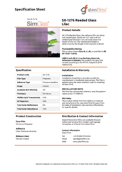 SX-1276 Reeded Glass Lilac Specification Sheet