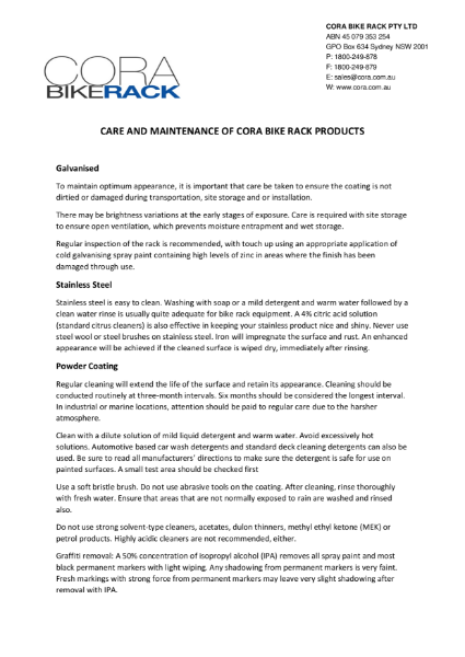 Care and Maintenance of Cora Bike Rack Products