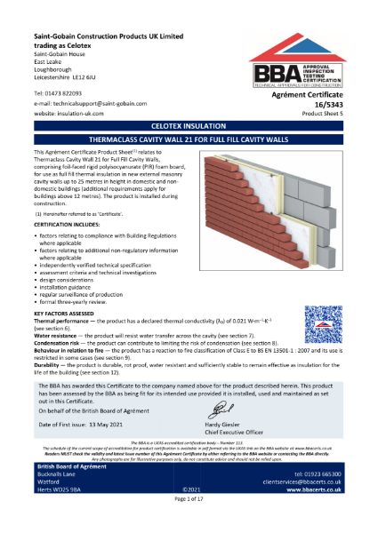 Thermaclass cavity wall 21 Full-fill BBA certificate