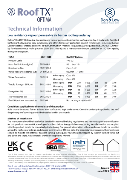 Roof TX Optima Datasheet Issue 6 June 2023