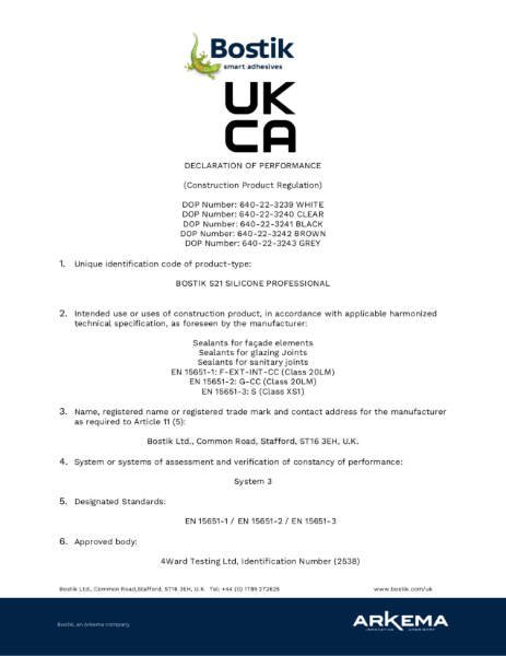 Bostik S21 UKCA Declaration of Performance