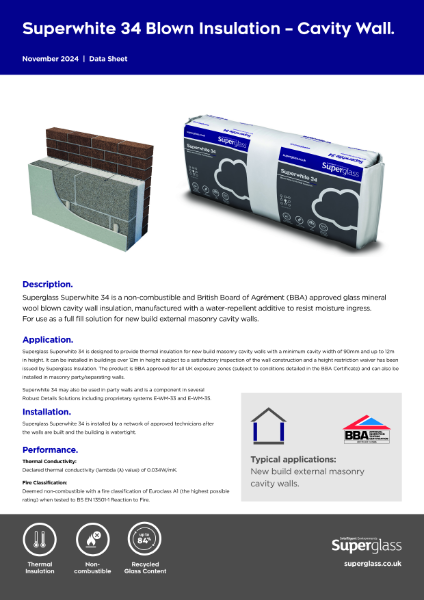 Superglass Superwhite 34 Blown Insulation - Cavity Wall - Datasheet