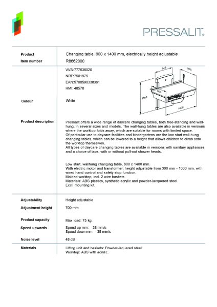 Baby and small child changing table, low start 800 x 1400 mm, electrically height adjustable - R8662000