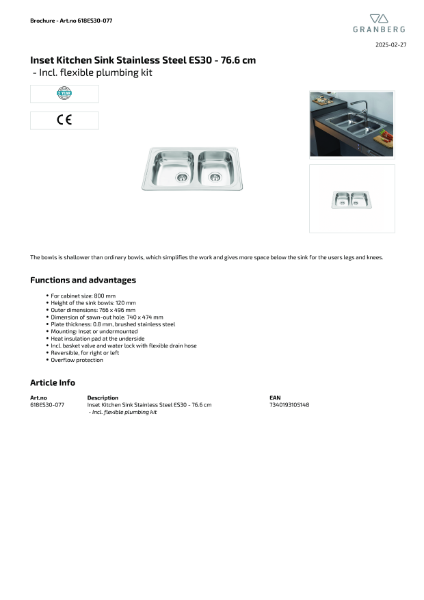 Technical Data Sheet Granberg Sink ES30