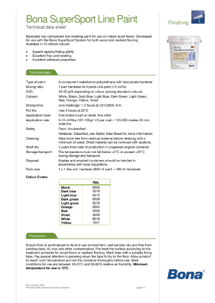 Bona SuperSport Line Marking Paint - Technical Data Sheet