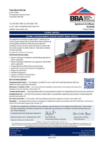 Catnic CG Standard Duty Cavity Wall Lintel BBA Certification