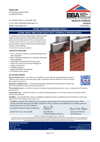 Catnic TH and TX Heavy and Extra Heavy Duty Cavity Wall Lintel BBA Certification