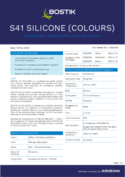 Bostik S41 Silicone (Colours) TDS