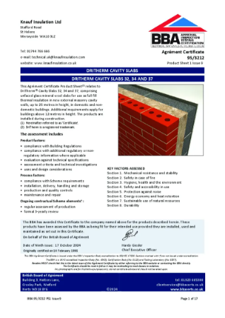 Knauf Insulation DriTherm® Cavity Slabs - BBA Certificate 95/3212