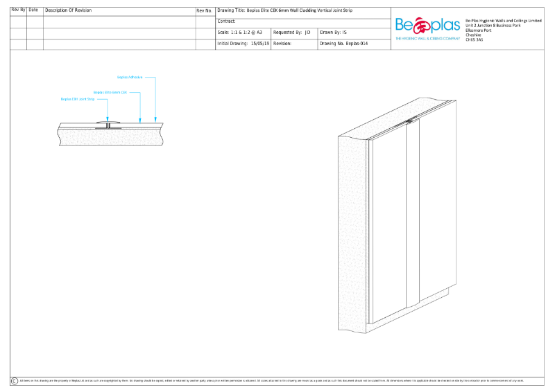 Beplas Elite CE-K Wall Cladding with vertical joint strip detail drawing