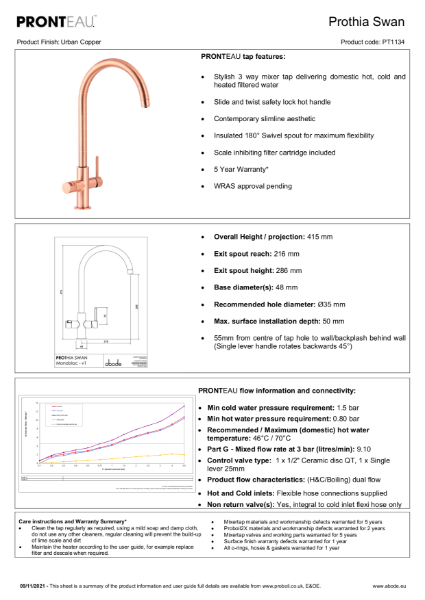 PT1134 Pronteau Prothia (Urban Copper), 3 IN 1 Steaming Hot Water Tap - Consumer Specification.