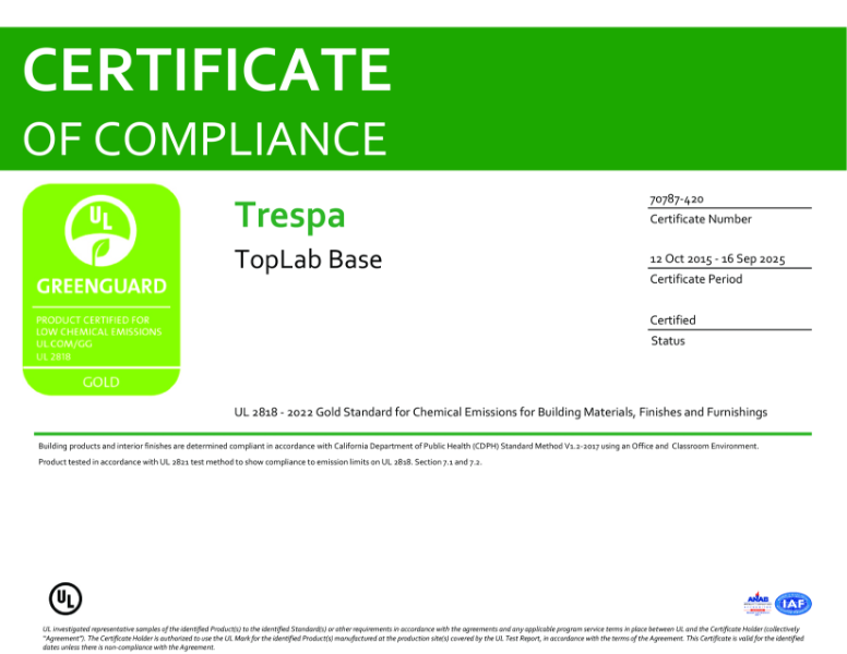 Greenguard Gold certificate Trespa® TopLab® BASE