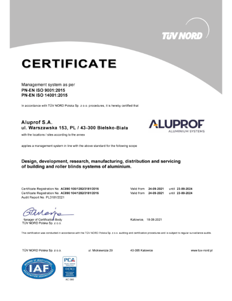 Aluprof ISO 14001 Certificate