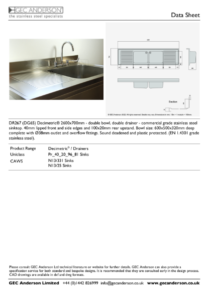 GEC Anderson Data Sheet - DR267 (DG65) Double Bowl With Drainer