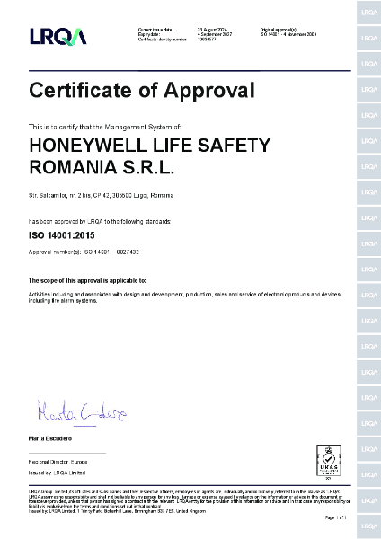 Honeywell Life Safety Romania S.R.L ISO 14001: 2015
