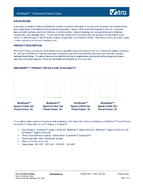 Technical Data Sheet - BirdSmart® Bird Safe Glass