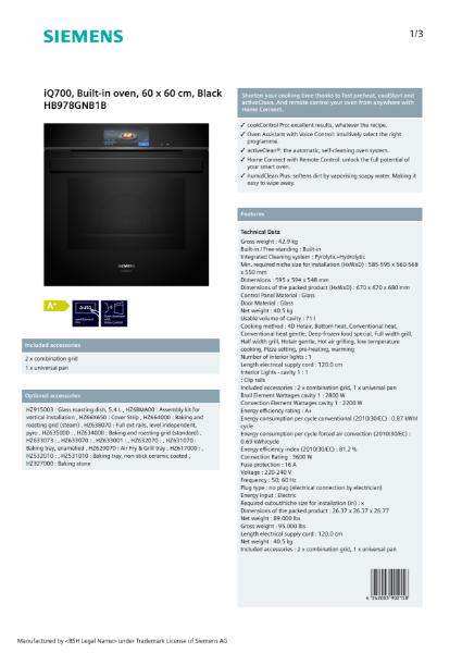 iQ700, Built-in oven, 60 x 60 cm, Black HB978GNB1B