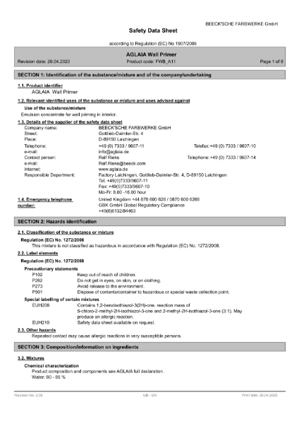 Beeck Aglaia Wall Primer - Safety Data Sheet