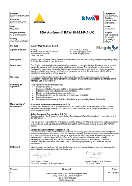 Magply Non-Combustible Board BDA Agrement BAW 18-086/01/A