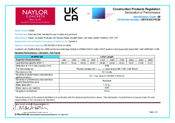 Hi-Spec S8 Concrete Lintel - Declaration of Performance