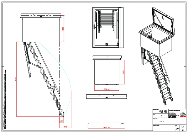 Gorter RHTS1015 Roof Hatch with integrated Scissor stair for ceiling height 2500 - 3000 mm – Technical 2D Drawing