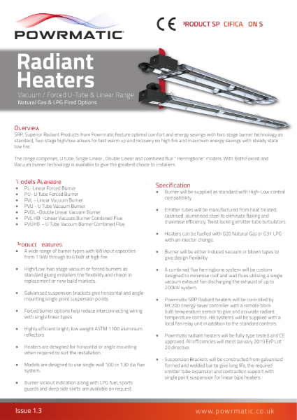 Radiant Heaters Product Specification Sheet