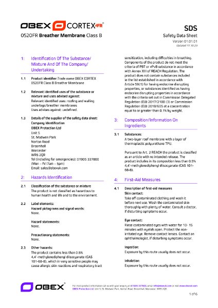 OBEX CORTEX 0520FR, Class B, W1, Breather Membrane - SDS