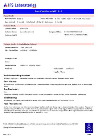 BS 5867-2 Type B Flammability Test Certificate