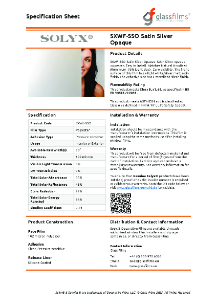 SXWF-SSO Satin Silver Opaque Specification Sheet