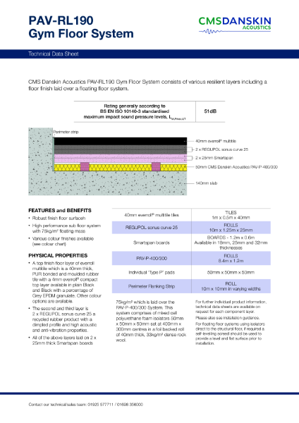 CMS Danskin Acoustics Gym Floor System PAV-RL190 – Product Data Sheet