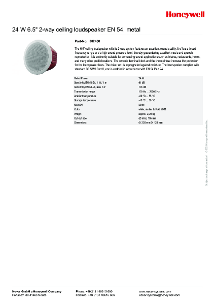 582480 24 W 6.5" 2-way (Coaxial) Ceiling Loudspeaker, EN54-24