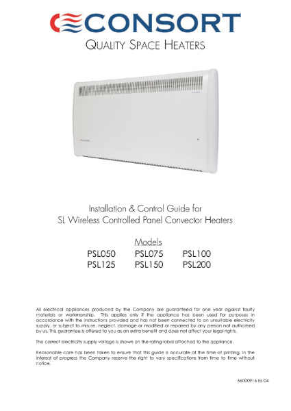 PSL Panel Heater user instructions