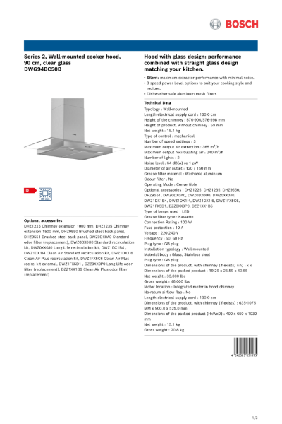 Series 2, Wall-mounted cooker hood,
90 cm, clear glass
DWG94BC50B