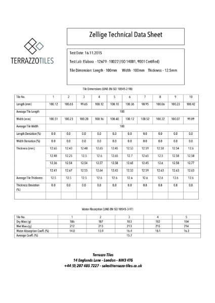 Zellige Tile - Technical Data