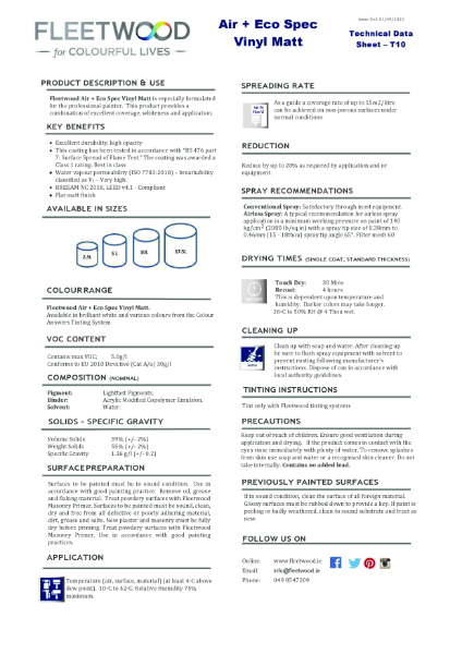 Fleetwood Air + Eco Spec Vinyl Matt Technical Data
Sheet