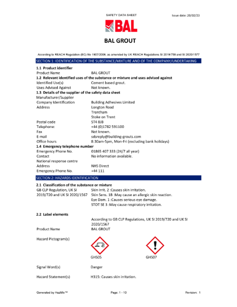 BAL Grout - Material Safety Datasheet