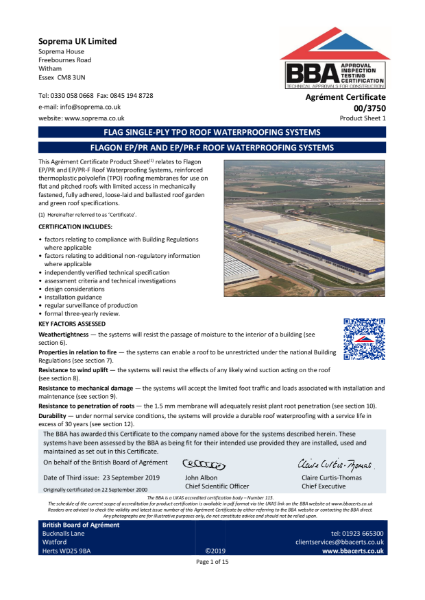 Flagon EP/PR and EP/PR-F Roof Waterproofing Systems - TPO roofing membranes for use on flat and pitched roofs with limted access in mechanically-fastened, fully-adhered, loose-laid and ballasted roof garden and green roof specifications