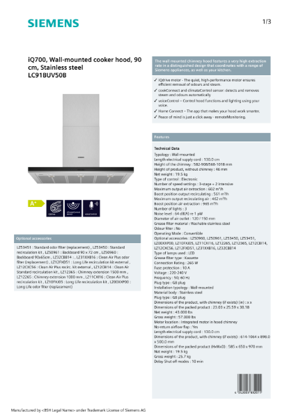 iQ700, Wall-mounted cooker hood, 90 cm, Stainless steel LC91BUV50B