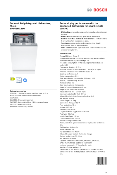 Series 4, Fully-integrated dishwasher,
45 cm
SPV4EMX25G