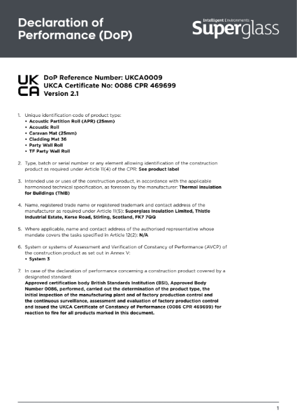 Declaration of Performance (DoP) - 25mm Superglass Acoustic Partition (APR) - UKCA