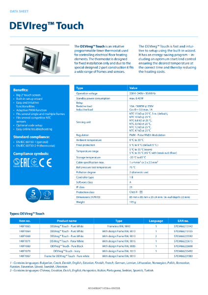 DEVIreg touch data sheet