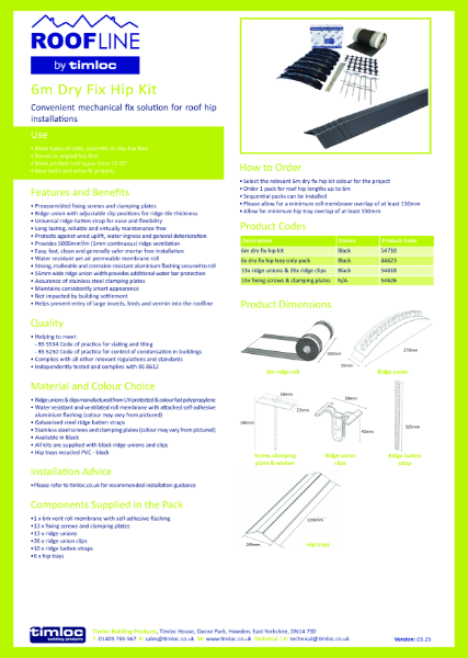 6m Dry Fix Hip Kit Datasheet
