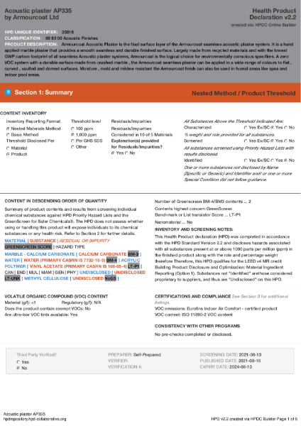 Armourcoat Polished Plaster Acoustic Topcoat Plaster - Health Product Declaration
