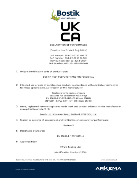 Bostik PU91 UKCA Declaration of Performance