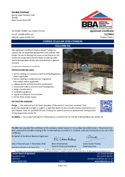 Cordek Cellcore HX BBA Certificate