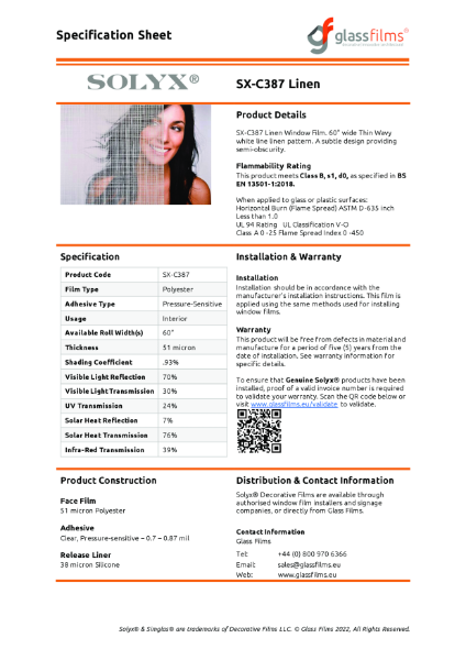 SX-C387 Linen Specification Sheet