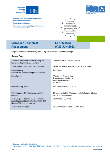 European Technical Approval: ETA - 13/0255 