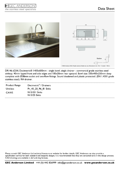 GEC Anderson Data Sheet - DR146 (G54)R Single Bowl With Drainer