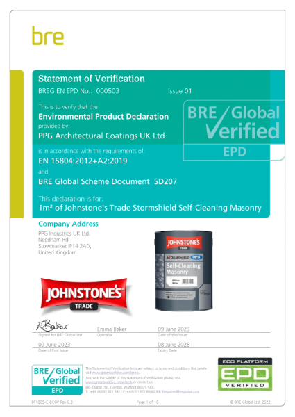 Environmental Product Declaration (EPD) BREG EN EPD No: 000503 Johnstone's Trade Stormshield Self-Cleaning Masonry